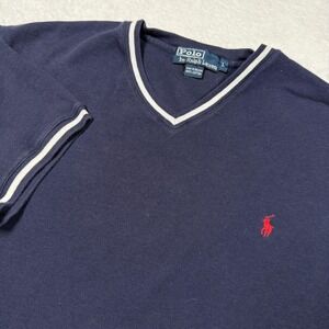 Polo Ralph Lauren Sweater Mens Large Blue V Neck Short Sleeve Cotton Pony Logo